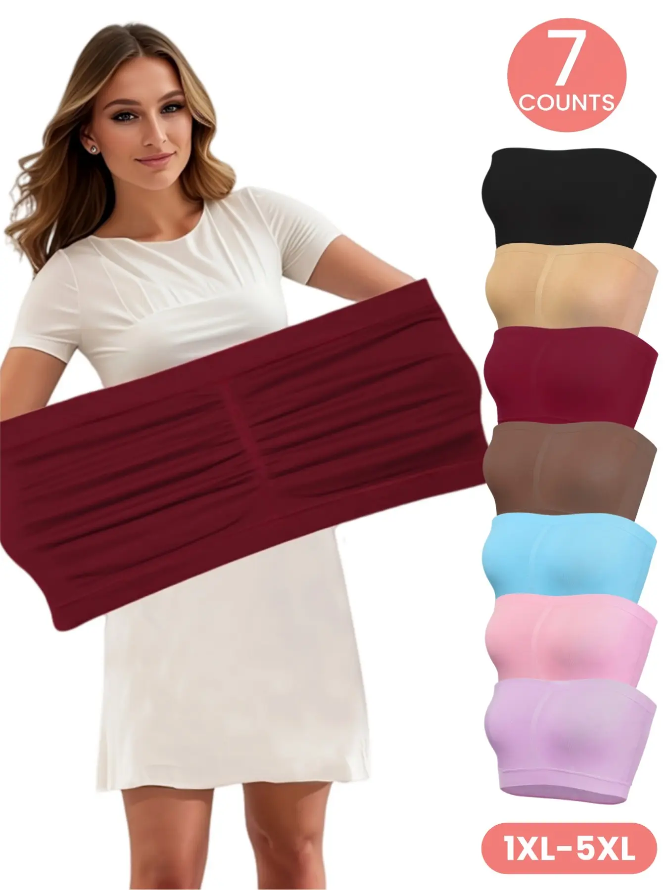 Plus Size Women's Knit Comfortable Solid Tube Top, Backless Strapless Vest, Strapless Bandeau Tube Top, Light Support Seamless Non-Slip Bralette, Wirefree Stretch Tube Bra,Elastic Waist, Daily Wear, No Padding,All Seasons, Casual