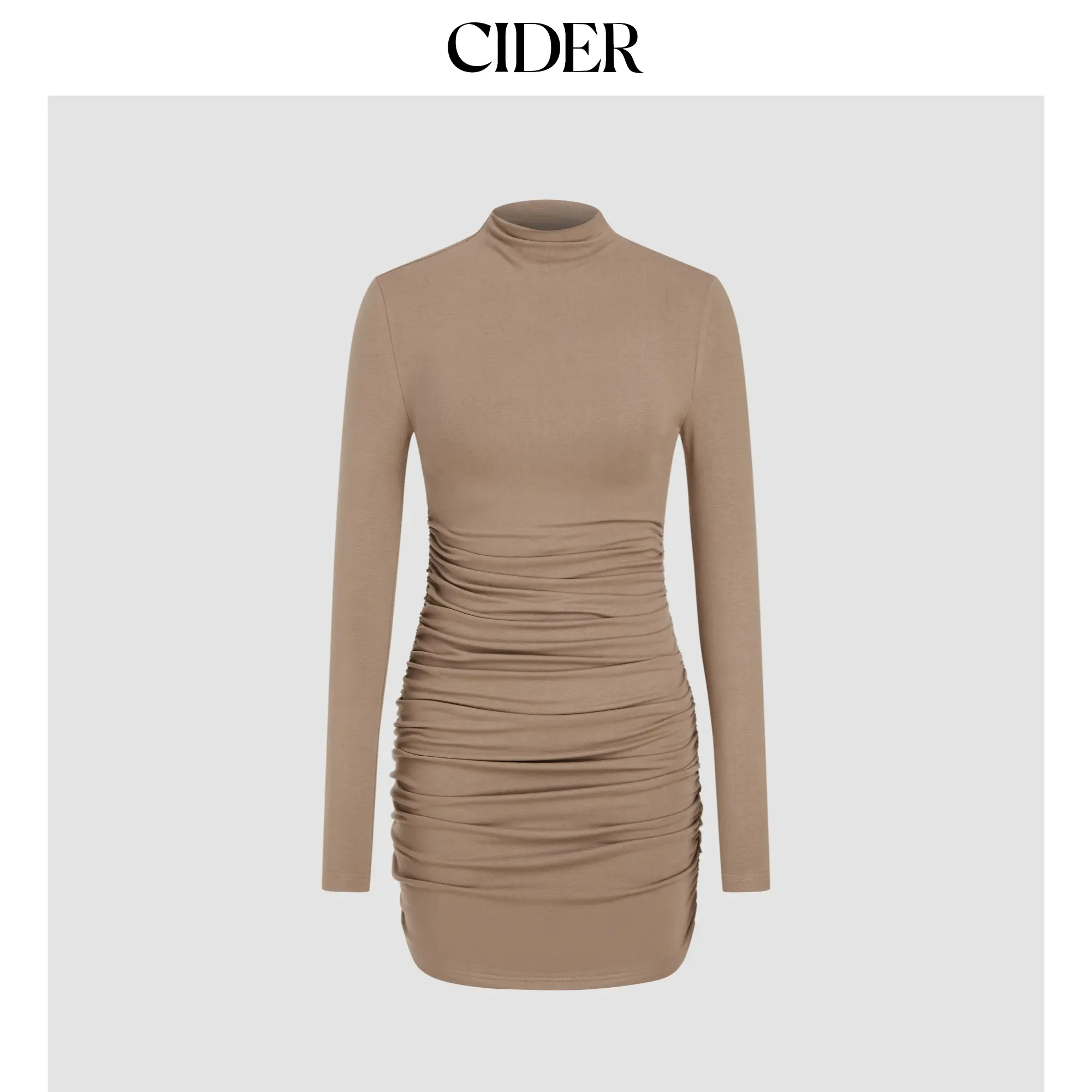 Cider High Neck Solid Ruched Knitted Mini Dress SohoChic