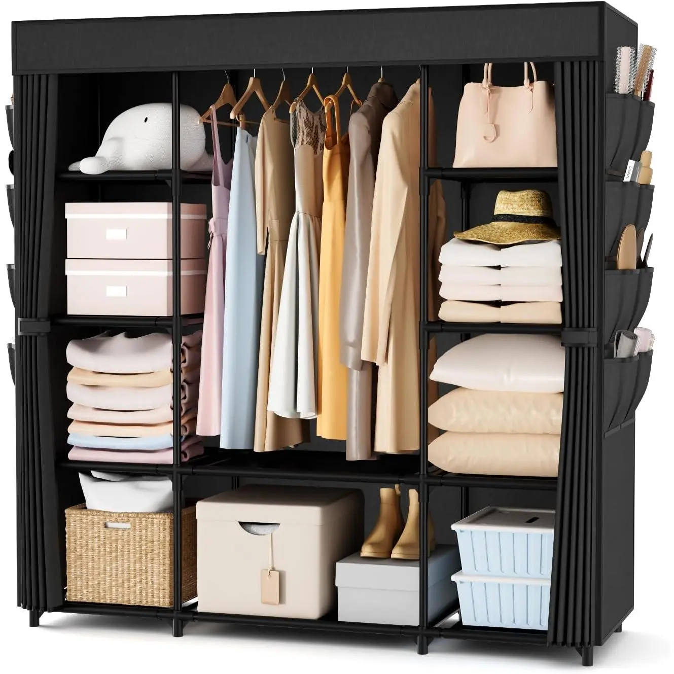 Portable Closet for Hanging Clothes 57.3 Inch Large Capacity Wardrobe Closet with Cover, 8 Pockets and 1 Hanging Rod, Easy Assembly Closet Organizer for Bedroom, Black