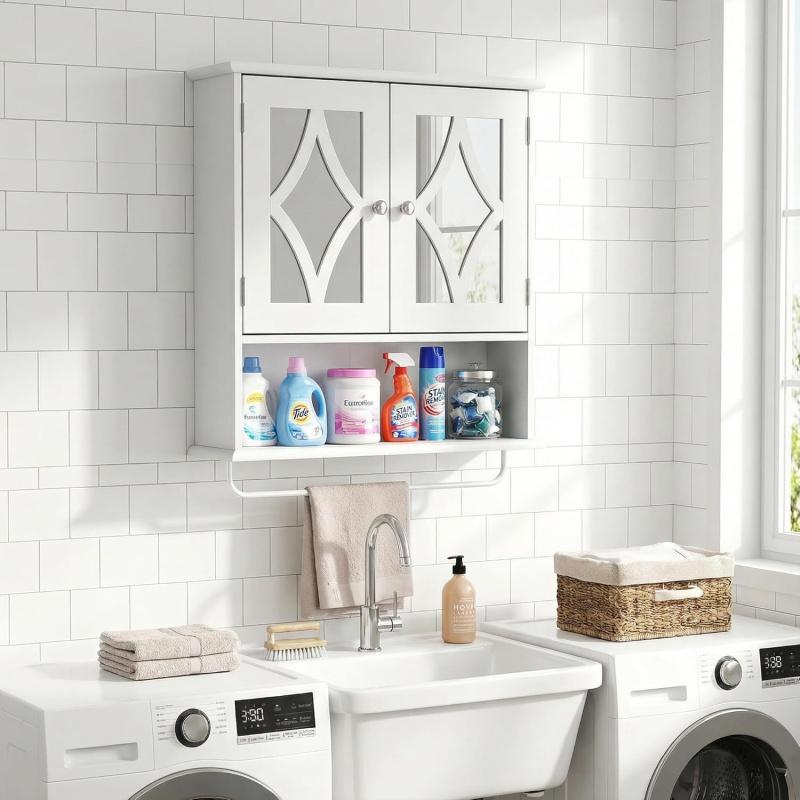 Bathroom Wall Cabinet with Mirror, Over the Toilet Storage Cabinet with Towel Rack and Adjustable Shelf, Large Bathroom Medicine Cabinet Wall Mount 22x25 inch (White