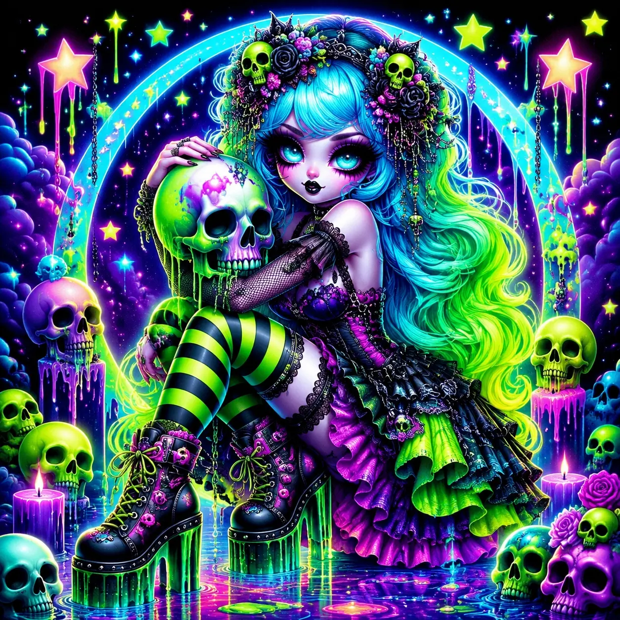 Neon Gothic Girl With Skulls And Starry Rainbow,  Full-drill square diamond Round diamond painting kit (5D DIY, unframed, includes tool kit). Suitable for home decor and as a personalized gift Handcrafted, personalized gifts.