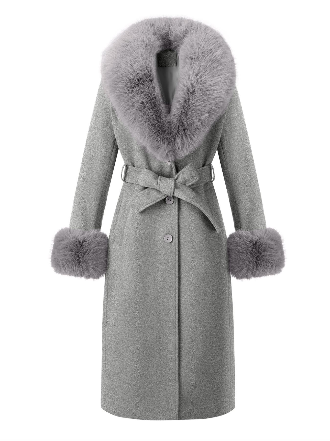 Women's Fall Winter Mid-Length Solid Color Coat, Warm Fitted Coat with Fur Collar, Waist Belt & Pockets, Casual Style, Jackets