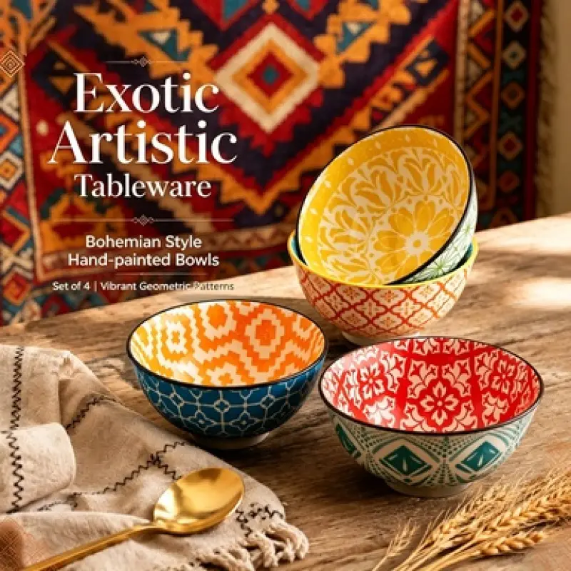 Exotic Artistic Ceramic Bowl Set 4 Pack, Boho Style Colorful Hand Drawn Geometric Ceramics Tableware, Durable Microwave Safe Serving Bowls for Family Daily Dining, Restaurant Use and Farmhouse Table Decor