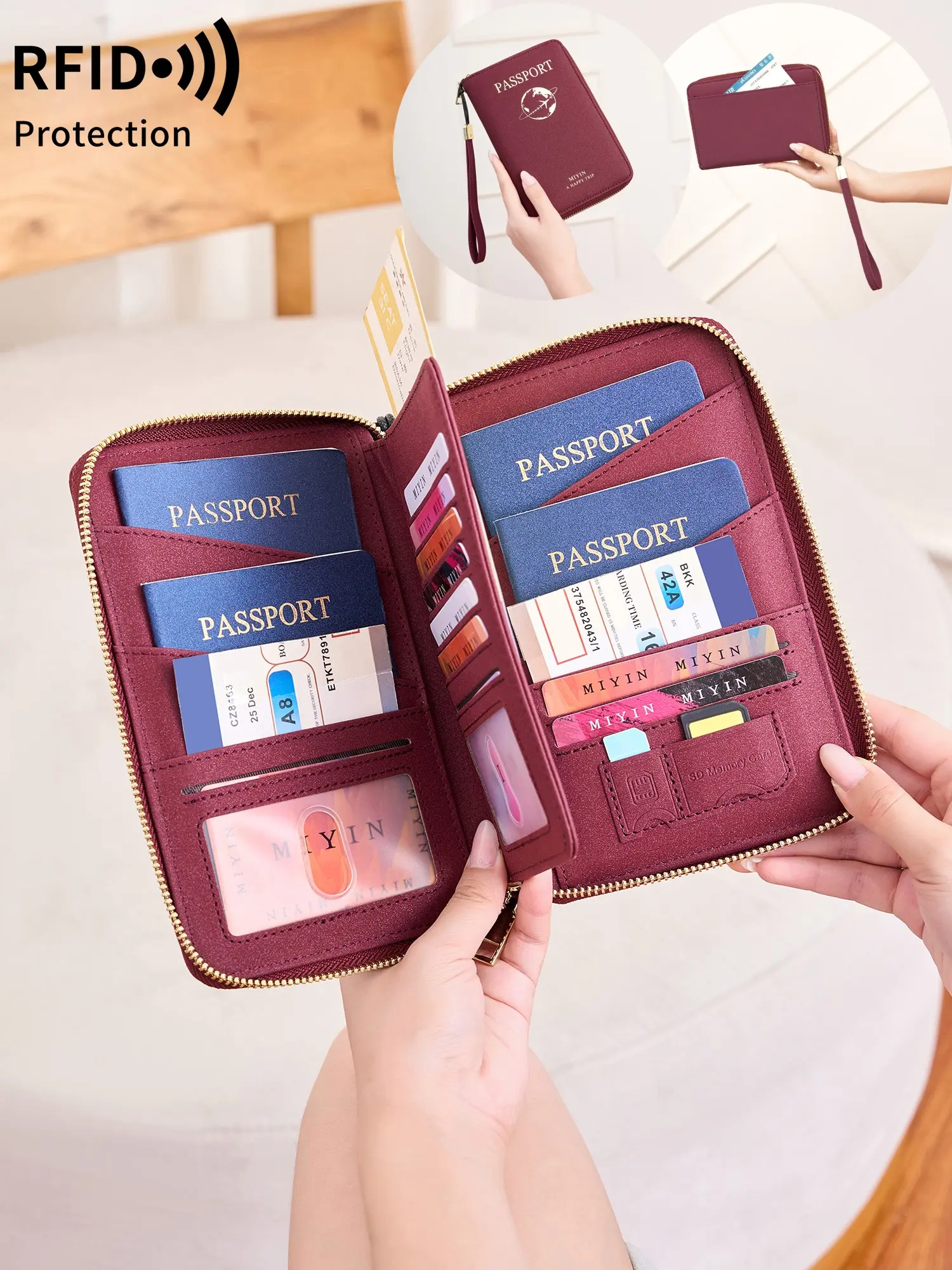 Large Family Passport Holder, Passport Cover, Passport Protector, RFID Blocking, Holds 4 Passports, Travel Ticket Organizer, Zipper Long Wallet, Detachable Wrist Strap, Gift Idea, Christmas Gift,Valentine's Day gift, for wife's girfriend