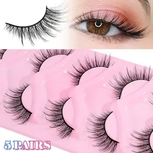 MAANGE 5 Pairs Airy Messy Fox Eye Strip Lashes 3D Mink Fake Eyelashes Light Density Flexible Thin Band Eyelashes Natural Extension Style for Everyday Eye Makeup