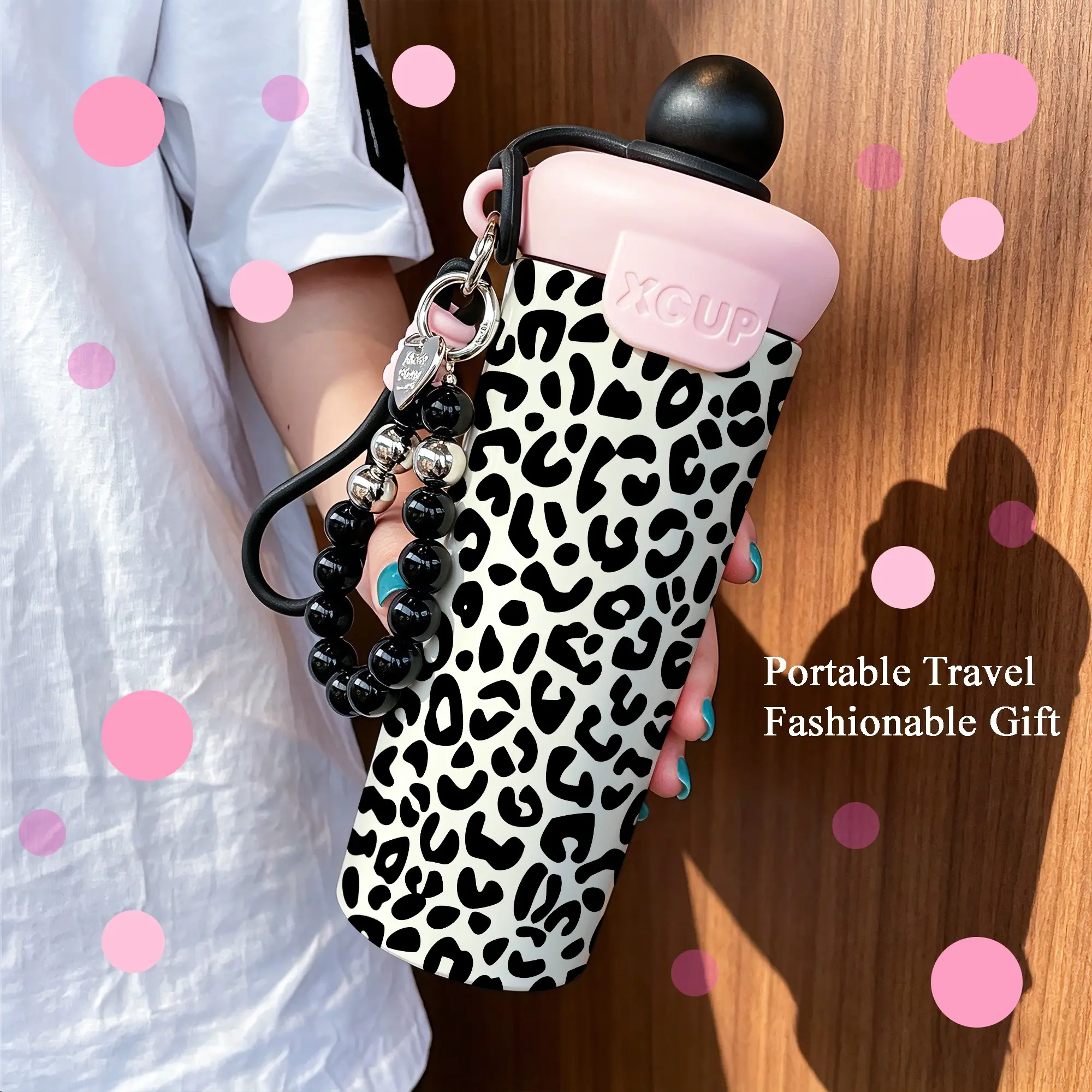 600ML Leopard Print Travel Mug with Beaded Bracelet, Stainless Steel Insulated Cup with Straw, Leak-Proof Coffee Cup for All Seasons, Thermal Mug