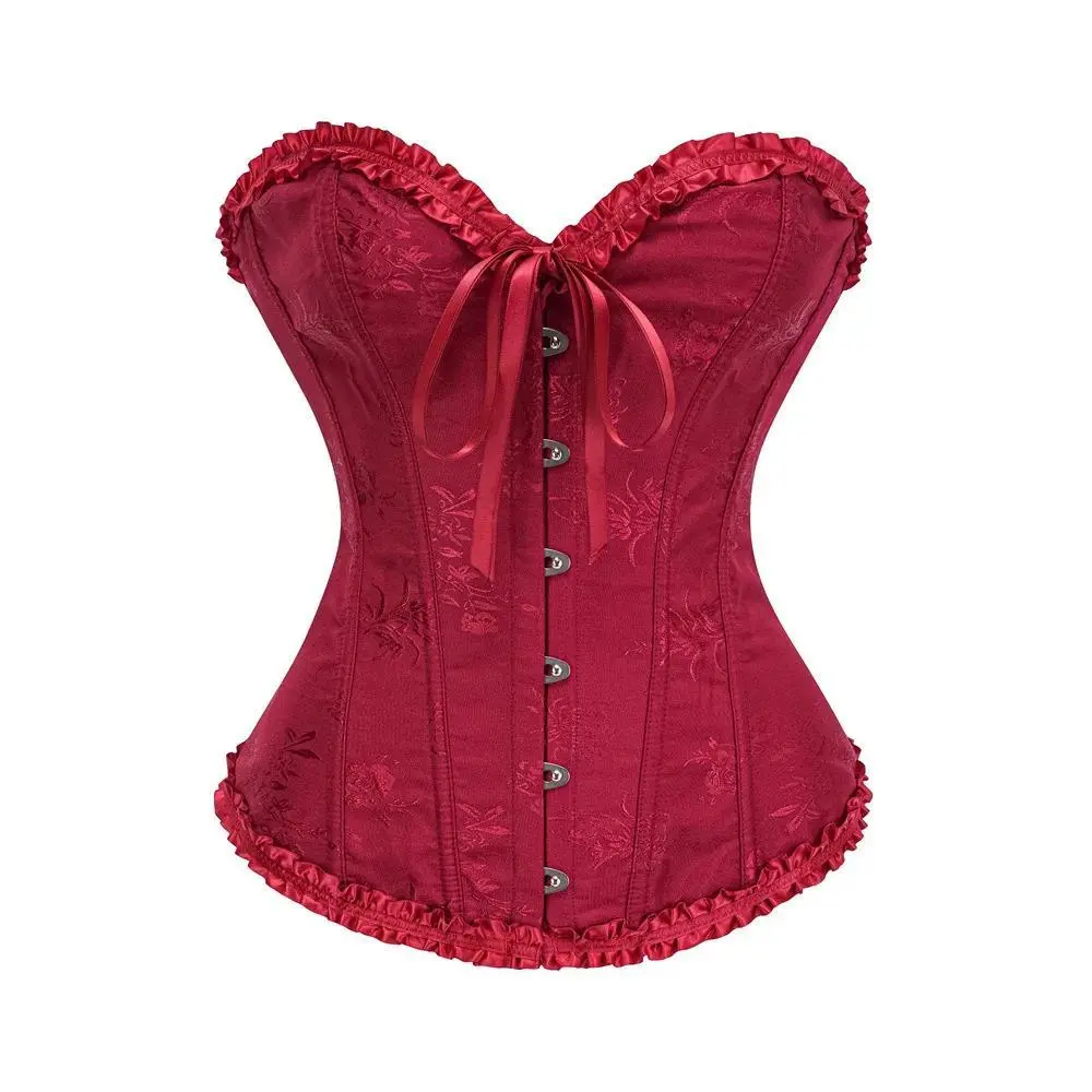 Yellow Jacquard Ruffled Trim Boned Sexy Overbust Push Up Bustier Top Corset Mujer Slimming Corsets For Women Sexy Gothic Clothes
