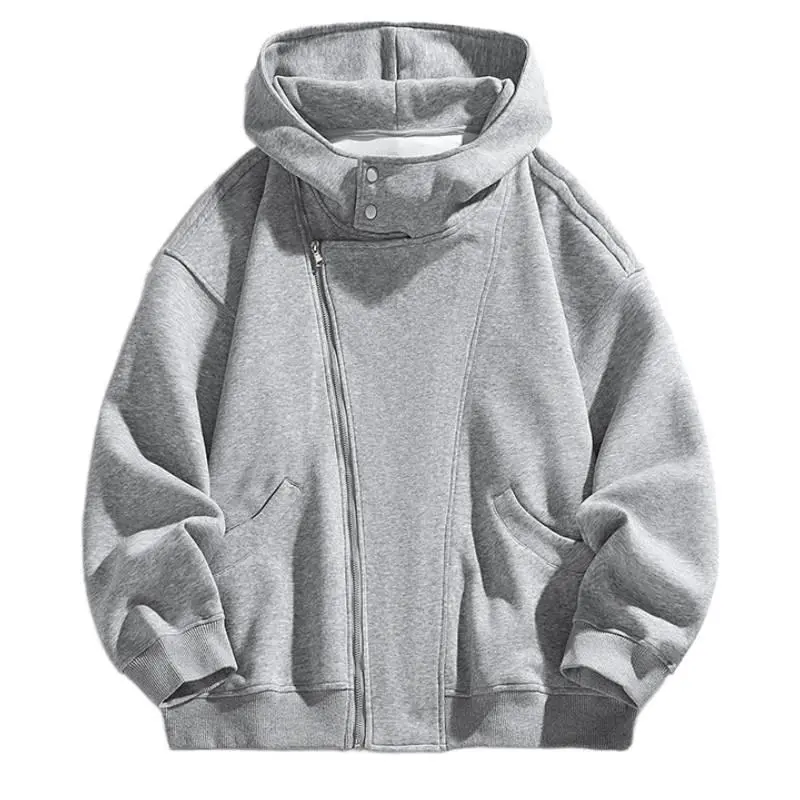 Men Diagonal Zip Up Hooded Sweatshirt Jacket, Button Stand Collar, Side Pockets, Loose Oversized Fit, Fashion Casual Hoodie Outerwear For Daily Street Outfits # sohochic