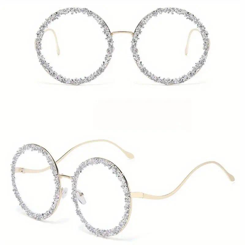 2-Pack Unisex Oversized Round Glasses with Vibrant Crystal Embellishments, Lightweight Metal Frames, Trendy Street Style Eyewear Ideal for Parties, Beach Vacations & Night Outs