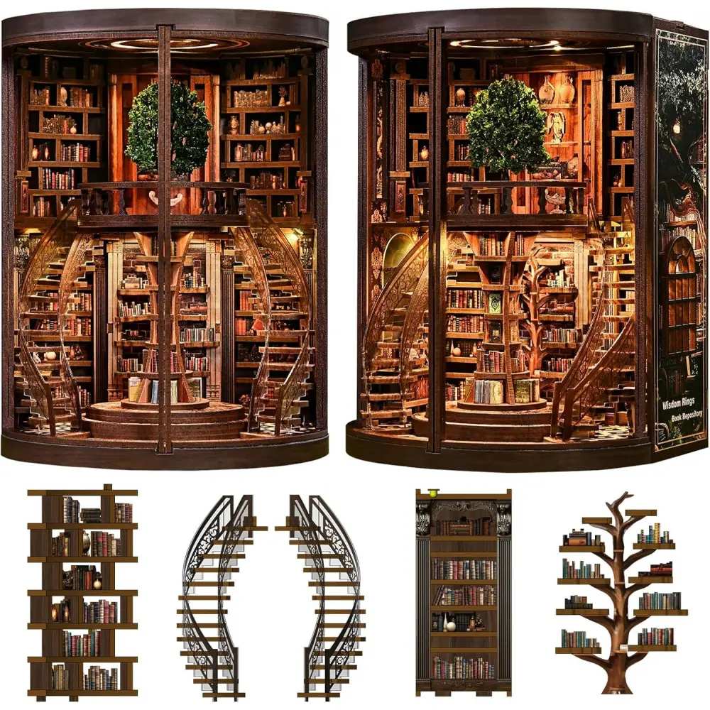 DIY Giant Library Book Nook Kit with LED Lights, Vintage Miniature Dollhouse, 3D Wooden Puzzle Bookshelf Insert Diorama Model Kit, Craft Home Ornament & Book Lover Gift for Adults