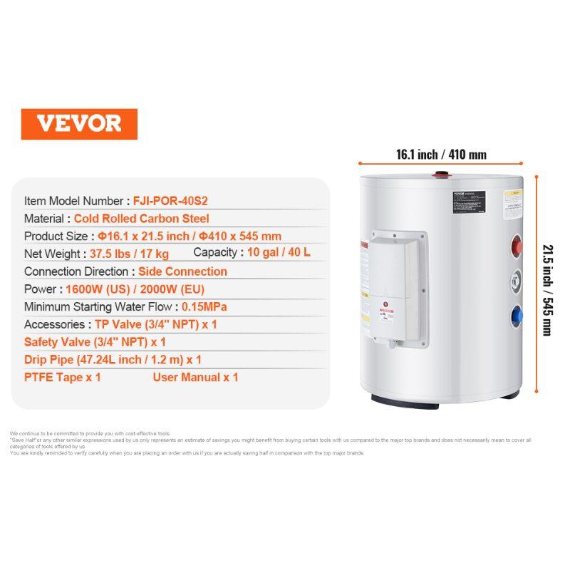 VEVOR Electric Water Heater, 10 Gallon Tank Instant Hot Water Heater, 1.6Kw Tankless Water Heater w/ LED Display, Knob Control, IPX4 Waterproof Side Connection On Demand Heaters for Shower, Bath