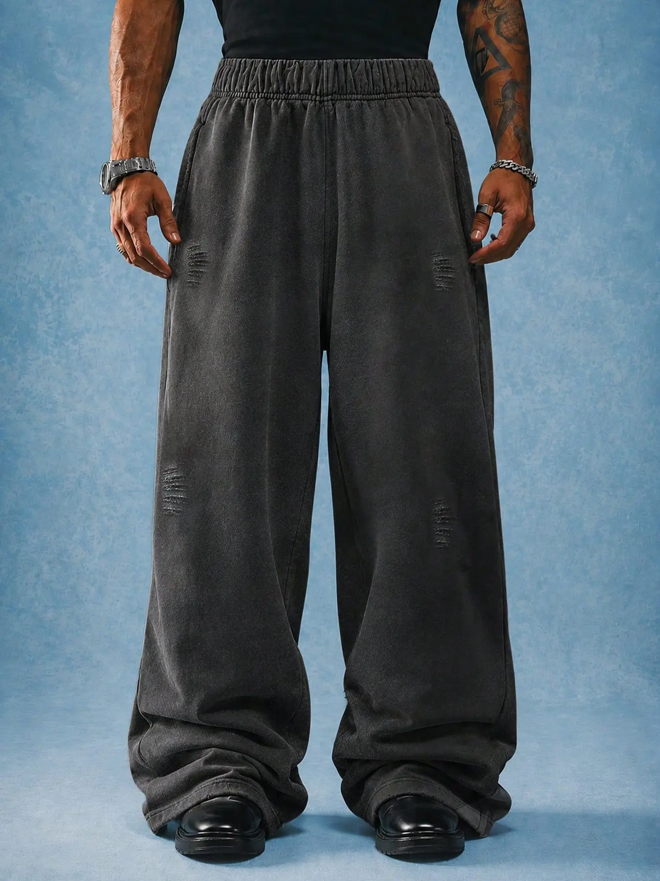 Men's Vintage Stone Wash Ripped Wide Leg Sweatpants, Loose Fit Floor-Length Trousers, Y2K Hip-Hop Streetwear, Casual All-Seasons