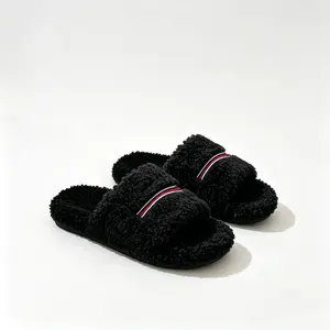 2026 Womens Fluffy Black Plush Slippers with Red & White Stripes, Warm Indoor Open-Toe Slides for Everyday Wear