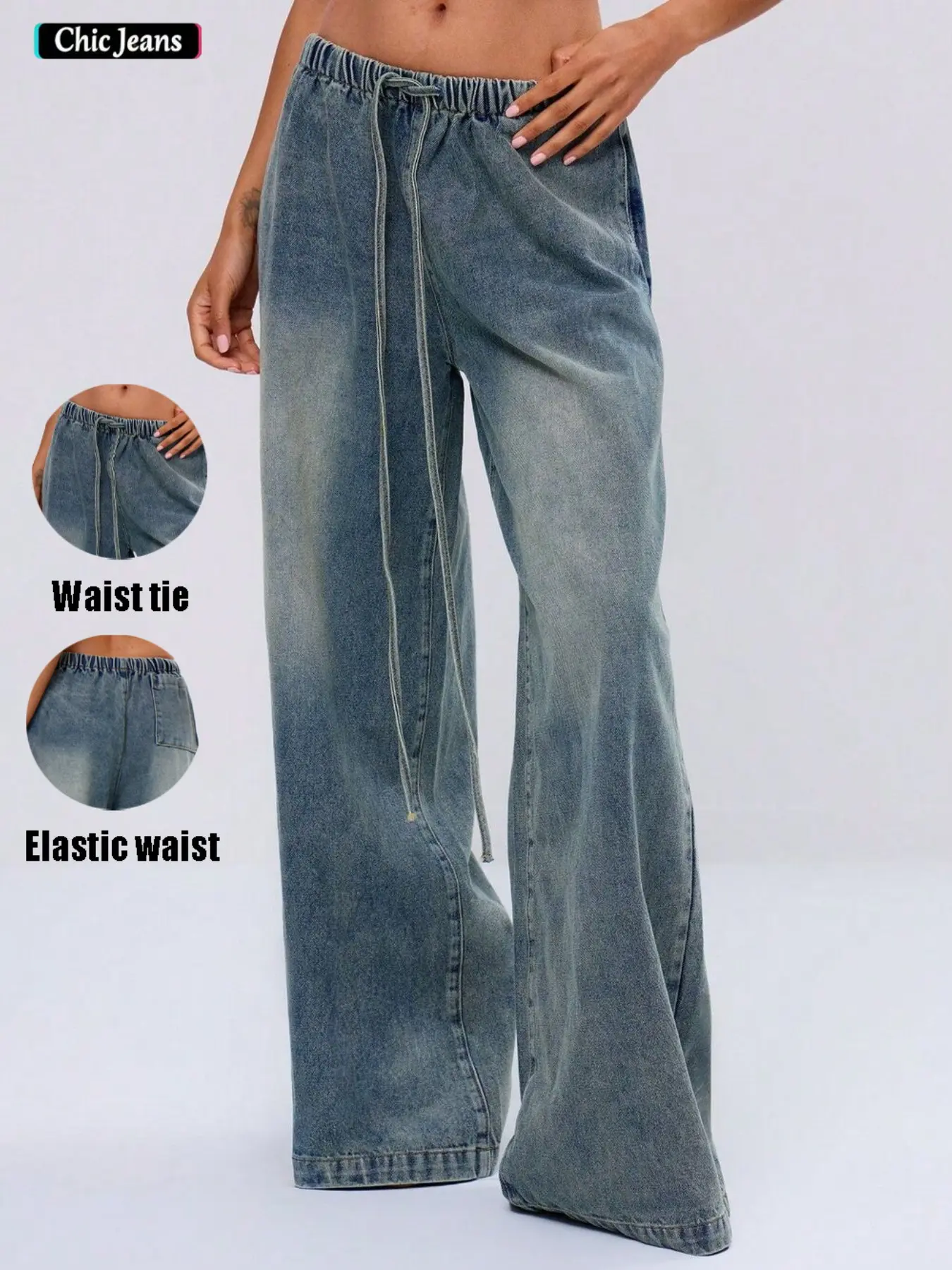 Women's Vintage Distressed Elastic Waist Drawstring Loose Jeans, Wide Leg Design, Perfect for Daily Commute, Street Style, Casual Wear, Vacation