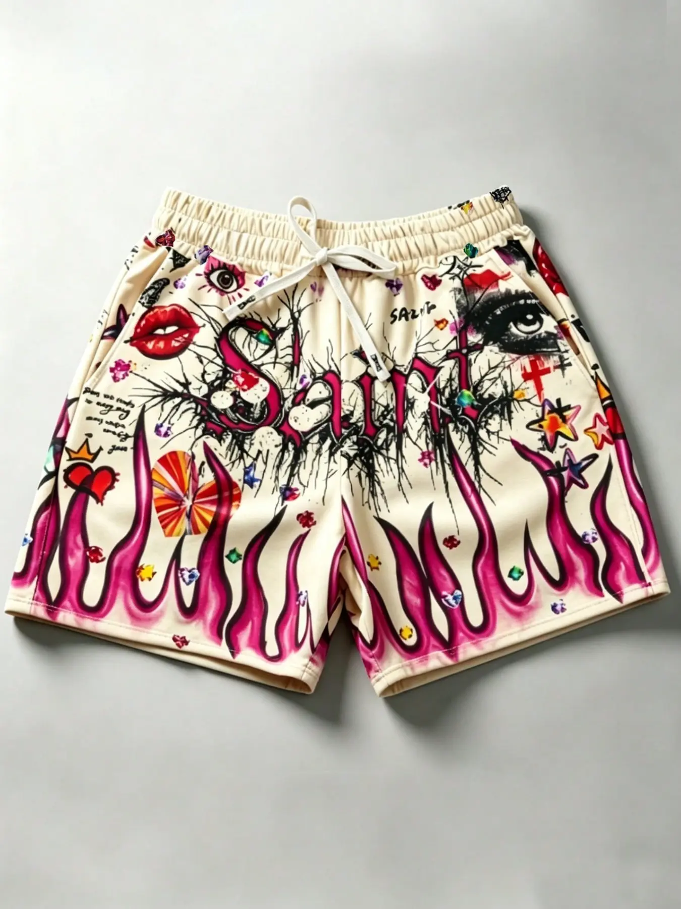 New trendy SAINT eye flame Loose shorts for men and women, all-over print Graphic summer beach shorts, outdoor shorts, unisex style, European and American fashion trendy casual shorts, street style trendy brand shorts, bottoms, Y2K