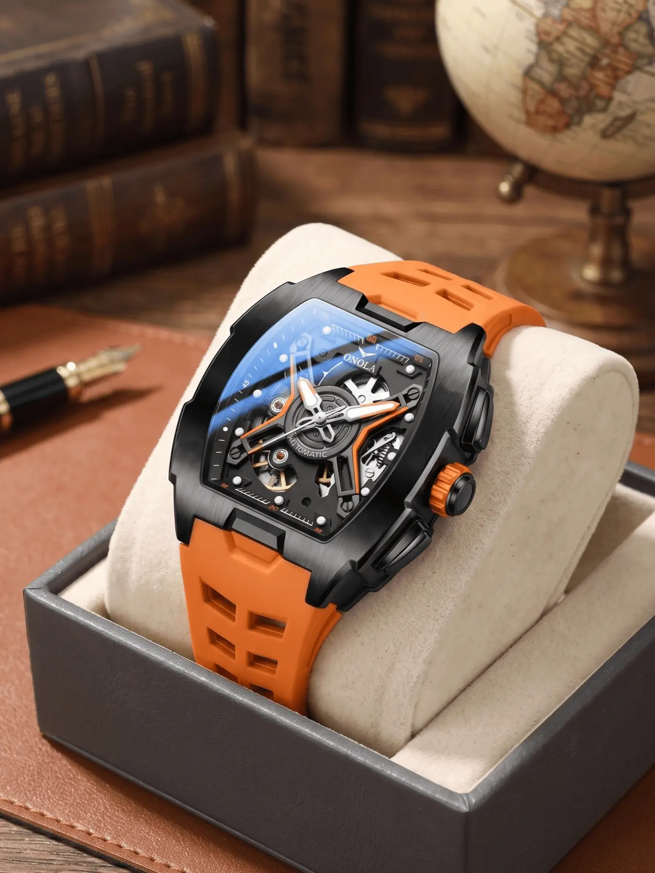 ONOLA Men's Mechanical Watch, Luxury Fashion Mechanical Wrist Watch Automatic Hand Watch Tonneau Hollow Skeleton Dial Soft Rubber Strap Sport Racing Male Wristwatch Fashion Unique Mechanical Watch Daily Outdoor Trendy Gift For Guys Mens Watch