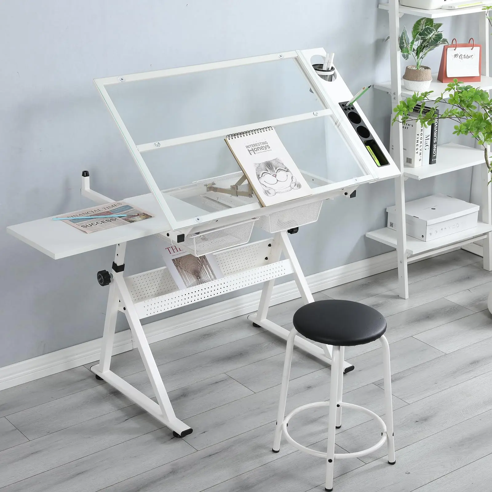 Drafting Table w/Stool, Height Adjustable Multifunctional Art Craft Artists Desk, Tilting Glass Tabletop Diamond Paintings Work Station w/2 Storage Drawers & for Tray Home Office