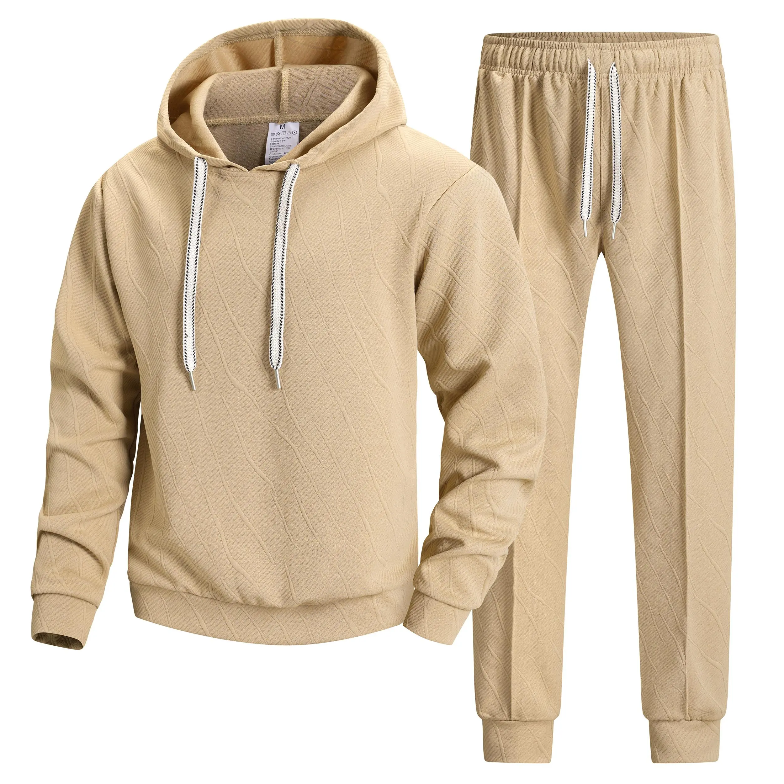 Men's 2-Piece Tracksuit Set - Casual Leaf Jacquard Weave Drawstring Hooded Sweatshirt and Elastic Cuff Jogger Pants, Drawstring Hood