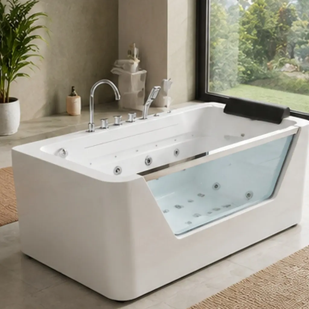 ARCH 67 Inch Whirlpool Bathtub Hydrotherapy Jetted Tub with Glass Panel, 7 Jets, 3-Side Apron, 89 Gallon Capacity, White Acrylic Freestanding Soaking Spa Massage Bathtub for Bathroom Home Master Suite, Home Furniture and Household Product Search