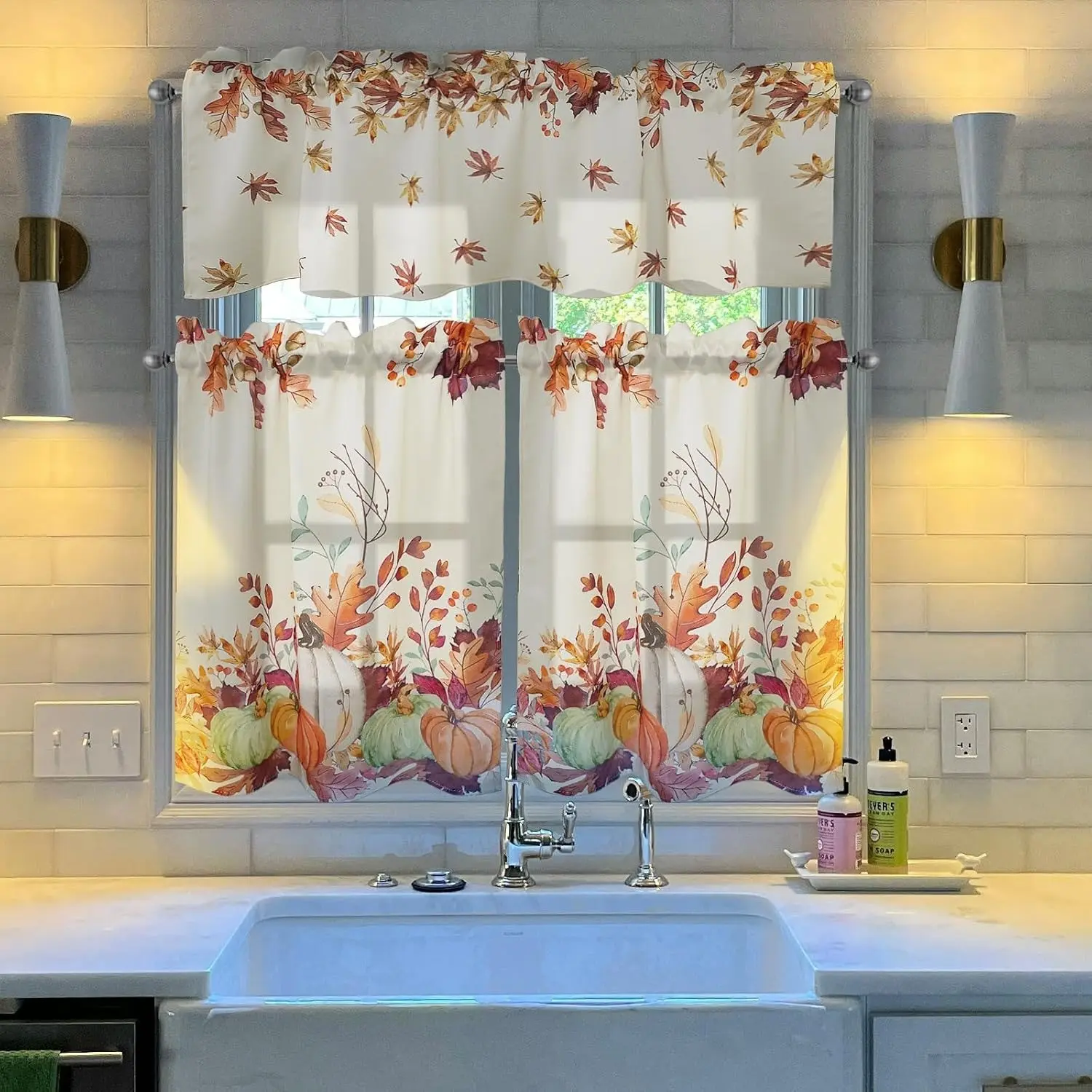 Fall Pumpkin Maple Leaves Kitchen Curtain 3 Piece Set, Polyester Farmhouse Thanksgiving Short Window Curtains with Valance & Tier Curtains, Decorative Home Decoration Curtain Cafe Sink Window Drapes for Indoor Home Decor