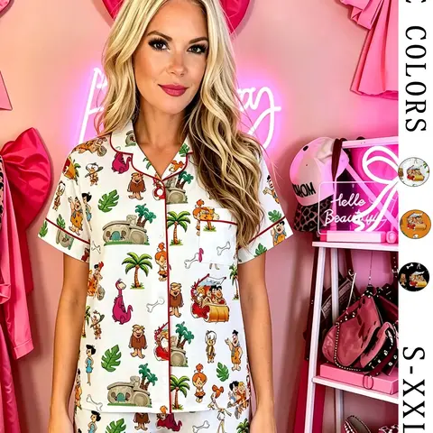 Women's Vintage Cartoon Pajama Set, Retro Prehistoric Family Print Sleepwear, Soft Short Sleeve Button Home Wear, 2-Piece Summer Fun Loungewear, Pajamas Lounge Set