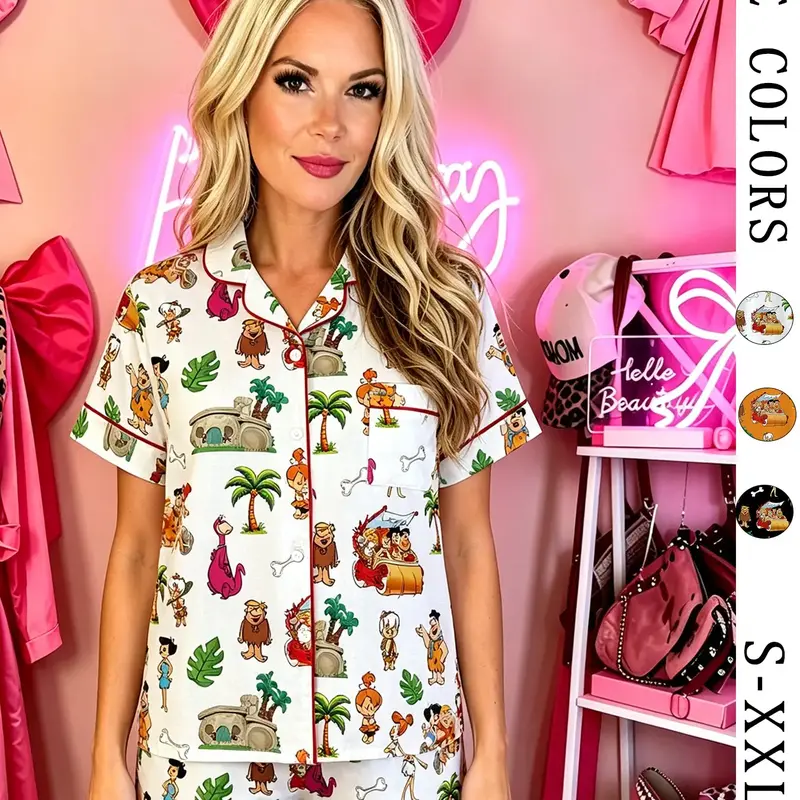 Women's Vintage Cartoon Pajama Set, Retro Prehistoric Family Print Sleepwear, Soft Short Sleeve Button Home Wear, 2-Piece Summer Fun Loungewear, Pajamas Lounge Set