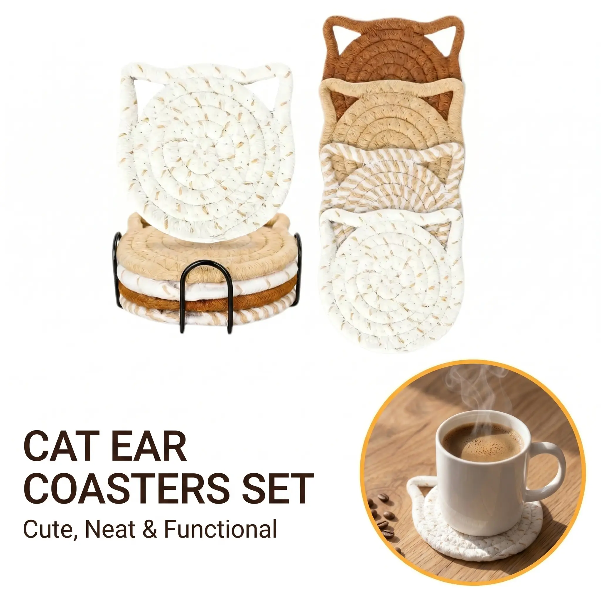 Cat Ear Design Coaster Set, 8pcs Non-slip Absorbent Coaster with Protective Stand, Decorative Placemat for Home Kitchen Dining Room-YY0