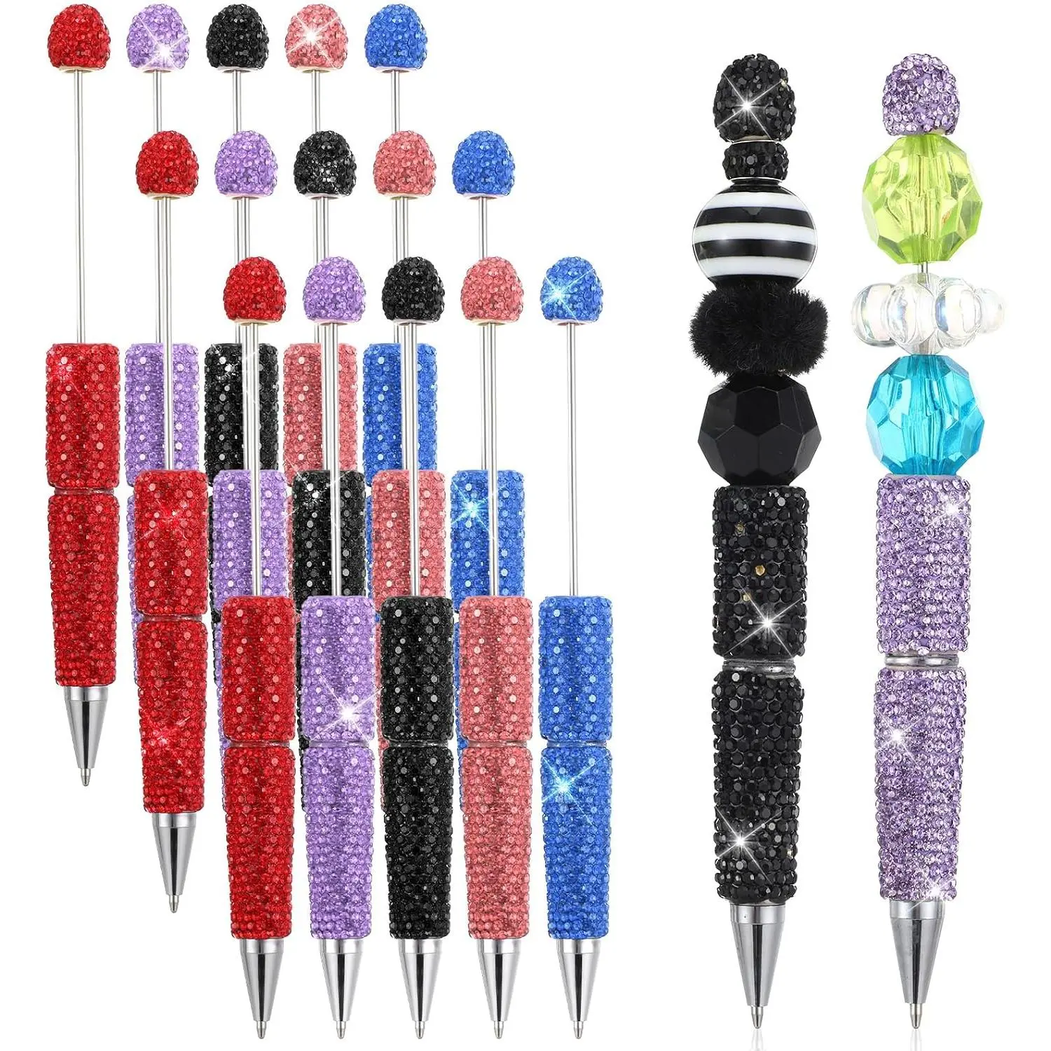 15 count Glitter Beadable Pens Full Rhinestone Fancy Pens for Beads DIY  Beaded Pen Kit Cute Journalling Ballpoint Fun Bling Ballpoint for DIY Craft Making (Full )