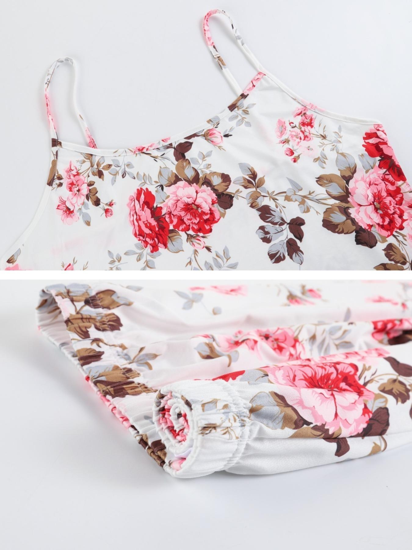 Women's All Over Floral Print Pajama Set, Long Sleeve Open Front Outwear & Pants & Cami Top, Casual Comfy Fitted Sleepwear Set for Women, Loungewear, Knit, Camisole Women's All Over Floral Print Pajama Set, Long Sleeve Open Front Outwear & Pants & Cami Top, Casual Comfy Fitted Sleepwear Set for Women, Loungewear, Knit, Camisole