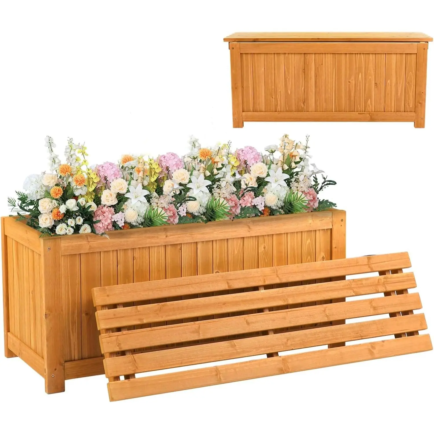 Outvita Outdoor Wood Bench with Planter Boxes, 2-in-1 All-Weather Porch Bench Seat Open-Ended Wooden Raised Garden Bed, for Balcony Yard Patio Summervibes