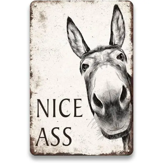 Funny Donkey Metal Sign "Nice Ass" Vintage Wall Decor, Rustic Farmhouse Animal Metal Wall Art for Barn, Stable, Garage, Man Cave, Bar, Home Decor, 8x12 Inch