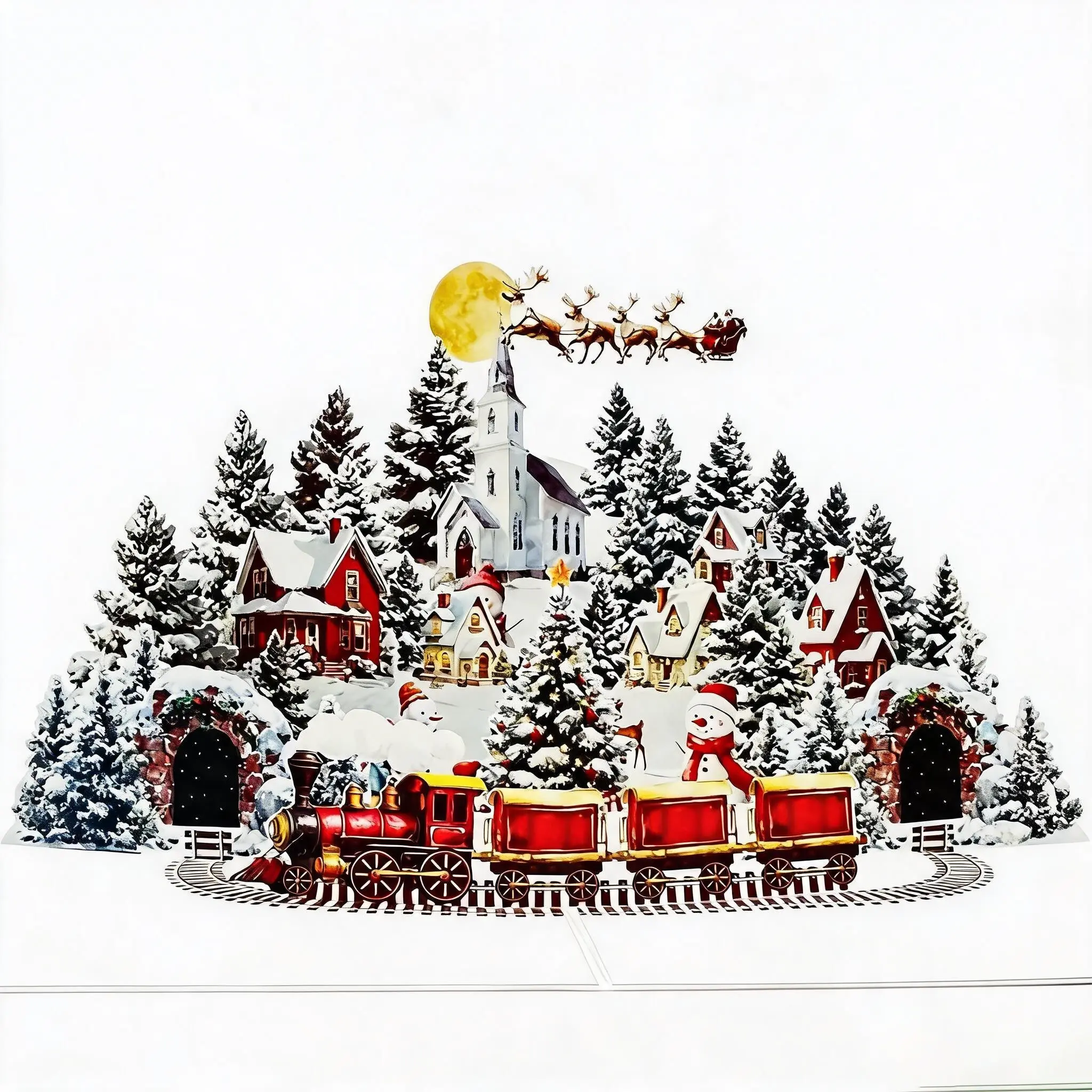 1Pcs Christmas 3D Pop Up Greeting Card Snowy Village Train Santa Sleigh Design Folding Holiday Card as Perfect Festival Gift for Family Friends