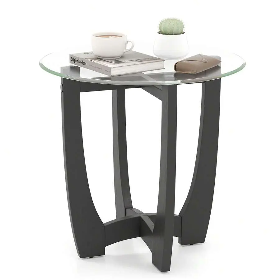 23.5'' Round Side Table W/ Glass Tabletop Cross-Shaped Solid Rubber Wood Frame,Adjustable,Mobile,Standing,entryway,gaming,desk,office,,affordable,dining,bedroom,vanity,,coffee,set,dinner,home,use,,black,finish,,living,space,
