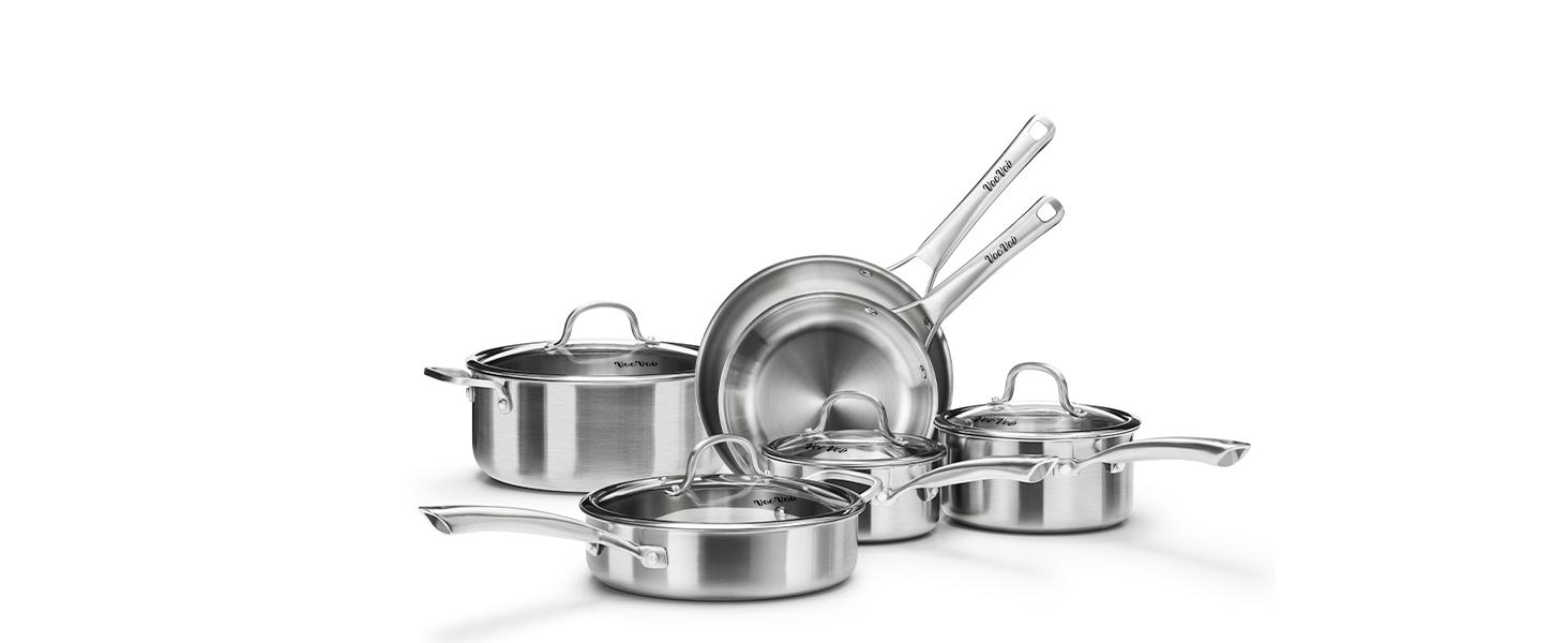 Stainless Steel Cookware Set,Tir-Ply Pots and Pans Set,10 Pcs Stainless Steel Induction Kitchen Cookware Sets,PFOA Free, Frying Pans,Saucepans,Saute Pan & Stock Tagine Pot,Compatible with All Cooktops