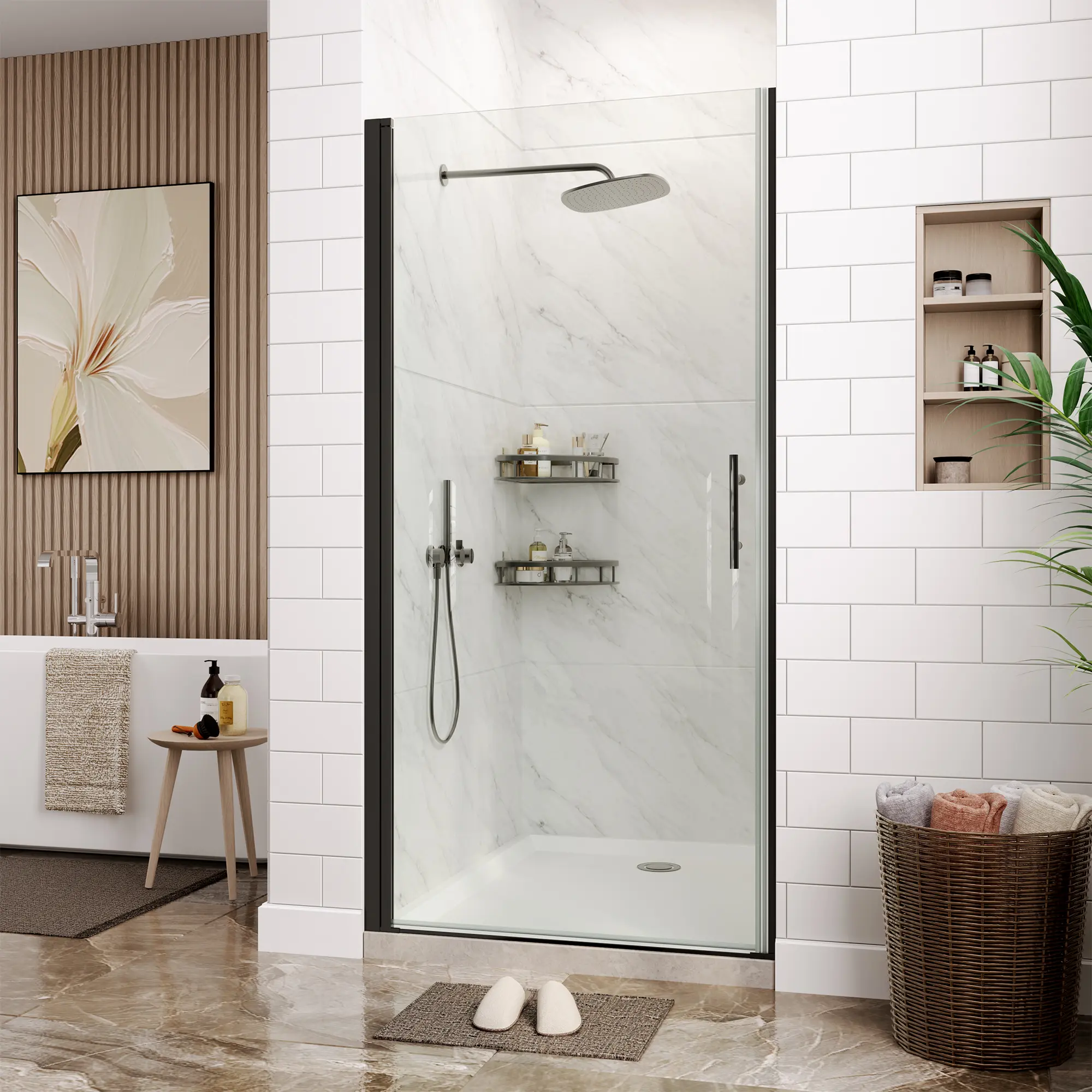 Shower Door,Tempered Glass, Easy to Clean & Reversible Installation, Pivot Swing Shower Door with Stainless Steel Handle