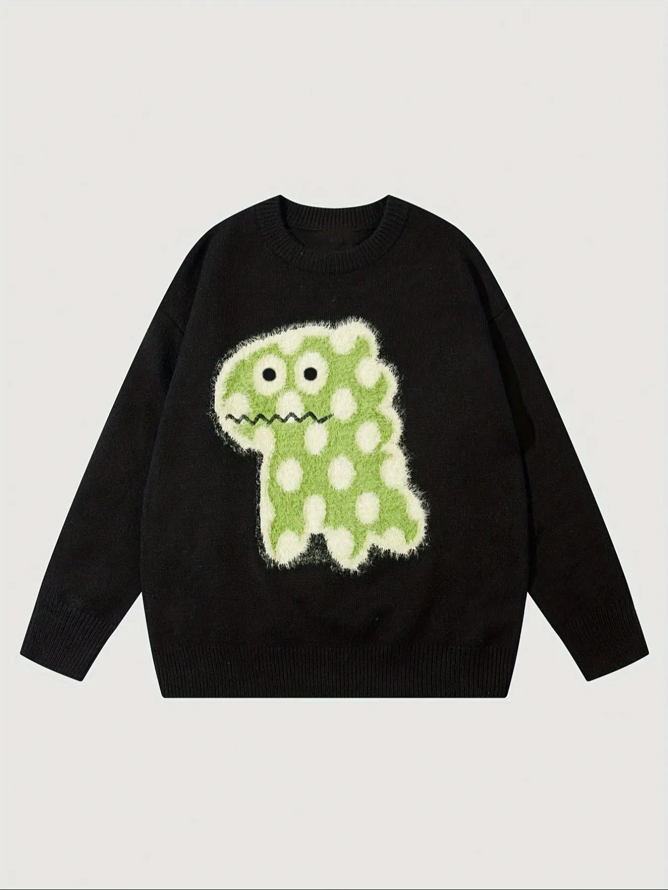 Men's Cute Dinosaur Crewneck Sweater Fuzzy Polka Dot Graphic Knit Pullover Oversized Relaxed Fit Long Sleeve Cozy Premium Soft Fabric Fall Winter Casual Daily Streetwear Couple Matching Knitwear Jumper for Teen Boys Young Men Light  Black apricot