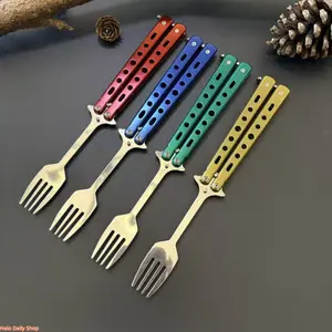 2026 hot-selling stainless steel butterfly practice knife and fork training knife butterfly knife outdoor folding fork and spoon tableware unbladed