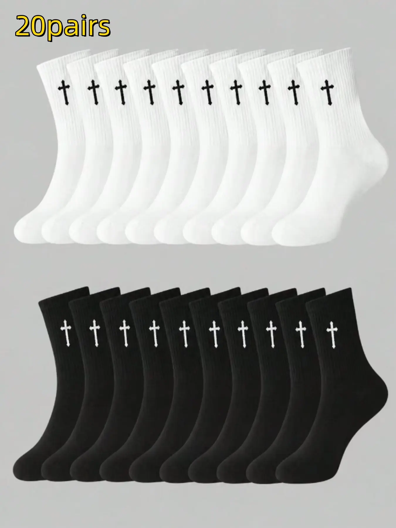 20 Pairs Cross Pattern Crew Socks, Unisex Breathable Mid-Calf Socks for All Seasons, Halloween Casual Wear