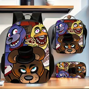 Waterproof 3-in-1 Oxford Backpack Combo, Insulated PEVA Lunch Bag Pencil Pouch, Five Nights at Freddy's Classic Animatronic Group Horror Game Print, Breathable Padded Straps for School Daily Outdoor Casual Trips