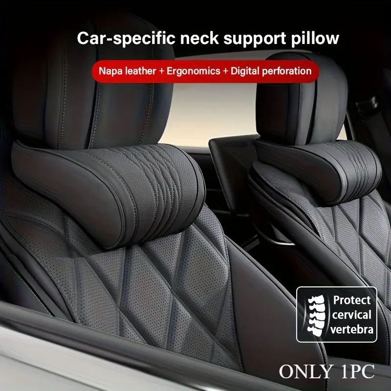 car headrest pillow, Nappa leather headrest, seat cushion, neck support pillow, car seat cushion, comfortable and breathable, lumbar and neck support, exquisite embroidery, all-season use, car interior decorative accessory