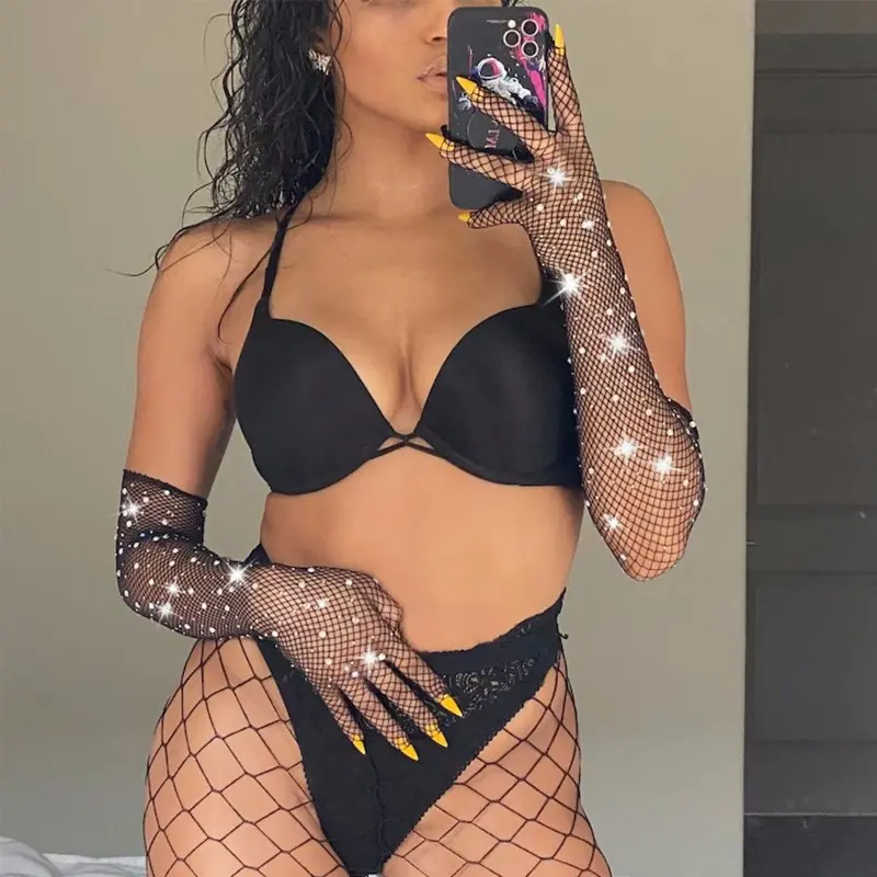 Women's Long Stretch Rhinestone Fishnet Gloves, Synthetic Sparkling Fashion Accessory for Rave-Party, Rhinestoneglove, Christmas, Engagement, Glamorous, Anniversary