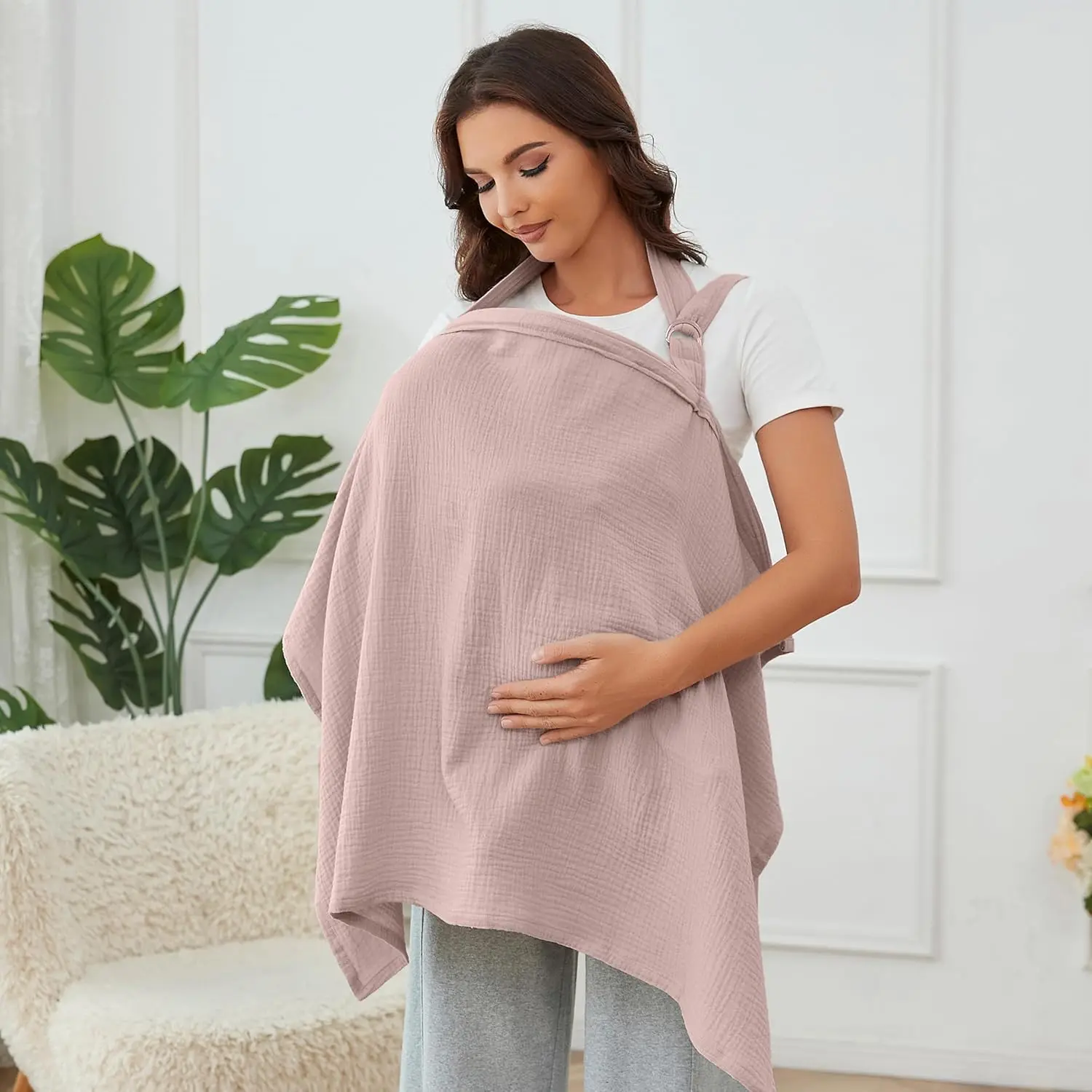 Muslin Nursing Cover  Baby Breastfeeding, Breathable 100% Cotton Breastfeeding Cover with Rigid Hoop  Mother Nursing Apron (Light Pink)