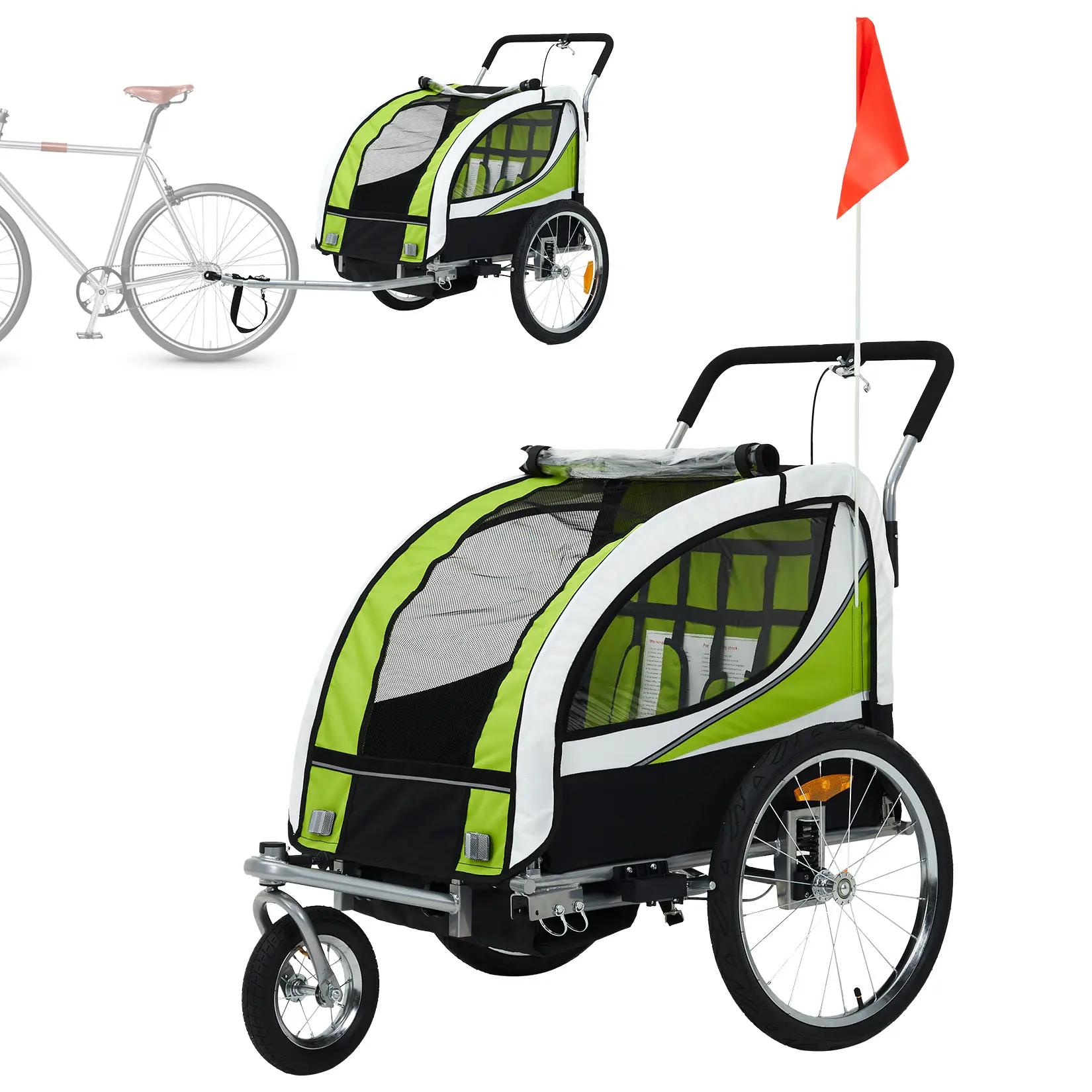 ESB401 Family Child Bike Trailer for 1-2 Kids, Upgraded Steel Frame, Oxford Fabric, 16" Tires, 66 lbs Capacity, 5-Point Harness, Sun-Tinted Top, Reflective Strips, Storage & Flag - Black-Green