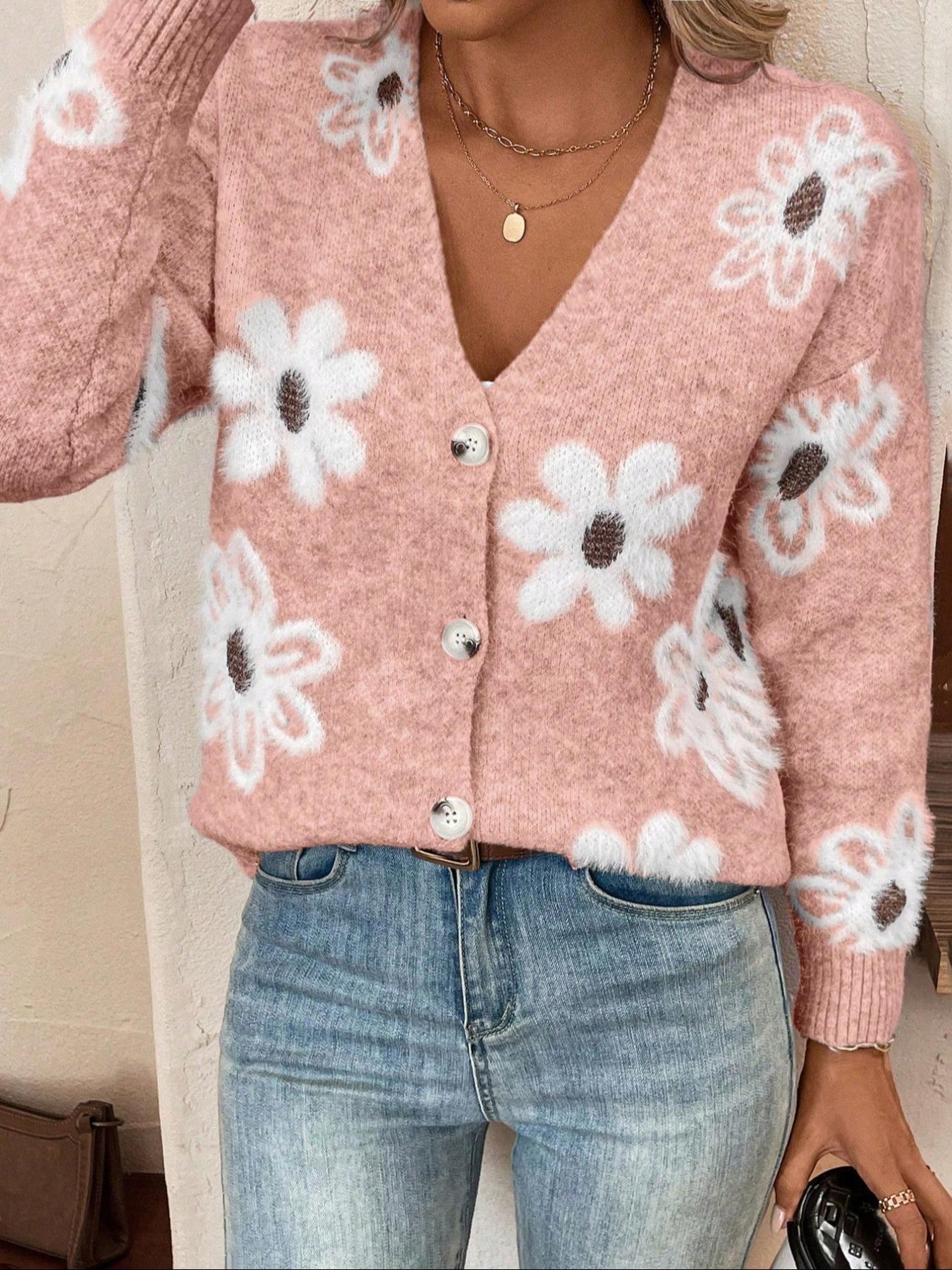 Plus Size Floral Print Button Front Cardigan, Casual Drop Shoulder  V Neck Knitwear for Fall & Winter, Women's Plus Clothing for Daily Wear Womenswear