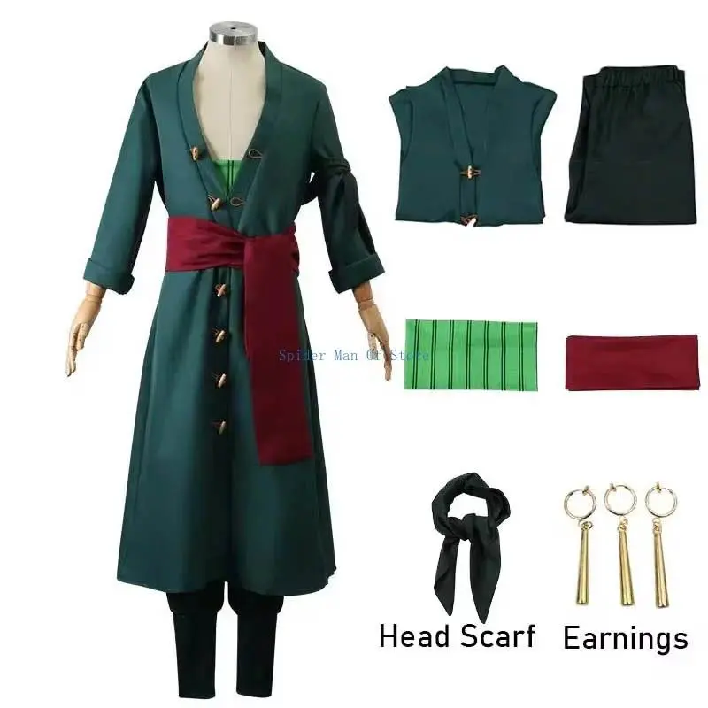 Roronoa Zoro Cartoon Character Soft Cosplay Costume Accessory Kit - Coat, Pants, Waistband, Breathable Kimono Robe Cloak, Belt, Bandana, Earrings - Party Wear (Costume Only-No Wig)