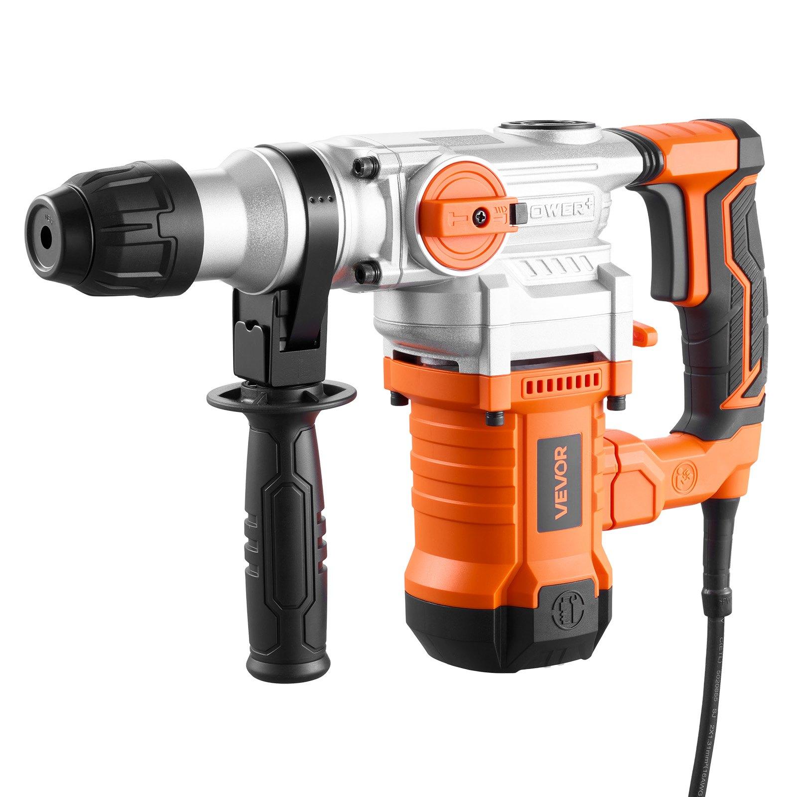 VEVOR Rotary Hammer Drill, 1-1/8 in SDS-Plus Electric Corded Heavy Duty Rotary Hammer, Including 3 Drill Bits, Flat Chisel, Pointed Chisel, Grease, Brush, and Carrying Case, for Concrete and Masonry
