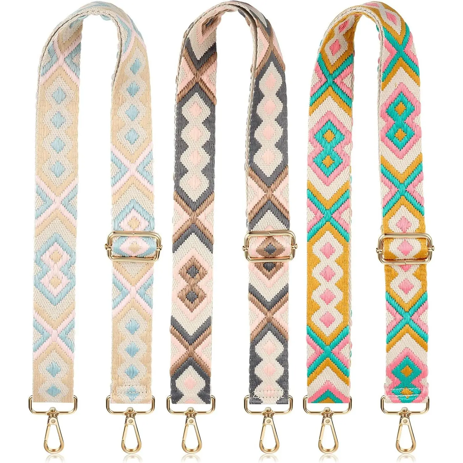 Women's 3-Count Polyester Retro Rhombus Bag Straps - Wide, Modern, Long-Adjustable Multi-Color Canvas Straps with Metal Buckle for Crossbody Handbags, Easy Replacement, Handbag