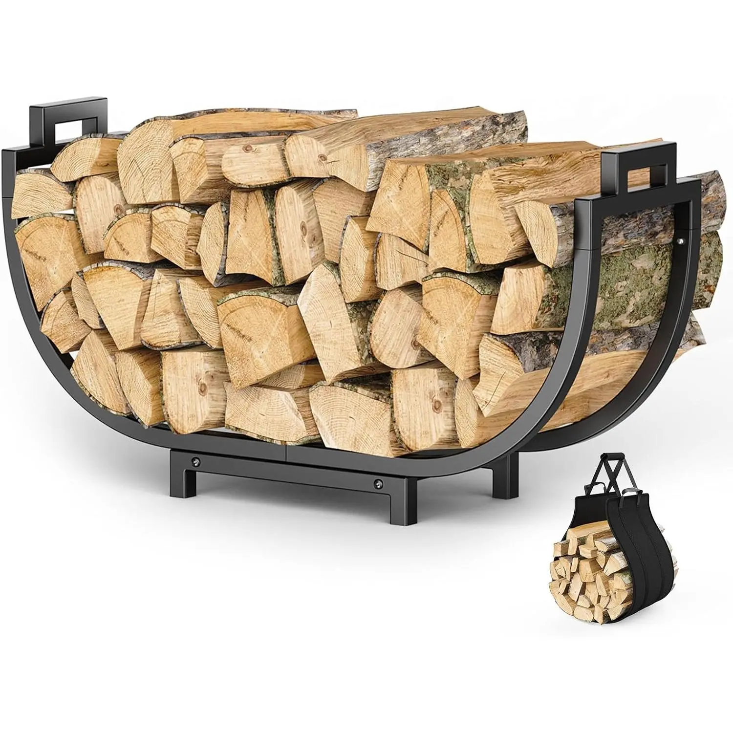 Littleox Firewood Rack, 24 Inch Indoor Fireplace Log Holder with Carrier, Thickened Metal Rustproof Wood Storage Rack