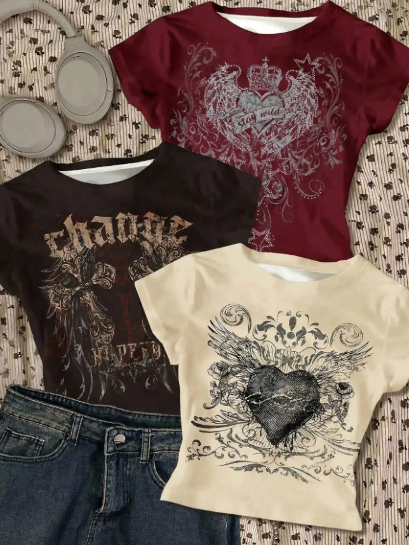 3-Piece Girl Y2K Gothic Short Sleeve T-Shirt Set, Vintage Heart Wing Print, Stretchy Breathable Top, Casual Streetwear for Kids