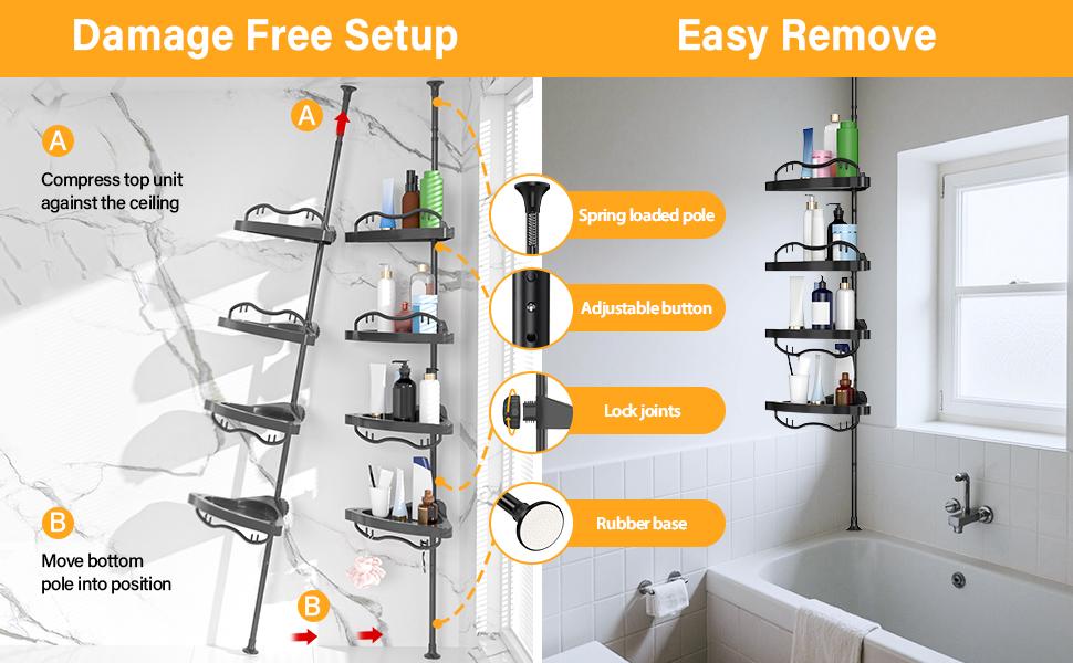 AGS Black Corner Shower Caddy Tension Pole - Heavy Duty Rustproof Stainless Steel Shower Organizer with 4 Adjustable Shelves, No-Drill Free Standing for Bathroom, Bathtub, RV,54" to 114" Tall AGS Black Corner Shower Caddy Tension Pole - Heavy Duty Rustproof Stainless Steel Shower Organizer with 4 Adjustable Shelves, No-Drill Free Standing for Bathroom, Bathtub, RV,54" to 114" Tall